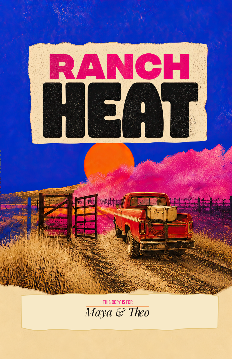 Ranch Heat digital cover design proof with fictional names Maya and Theo
