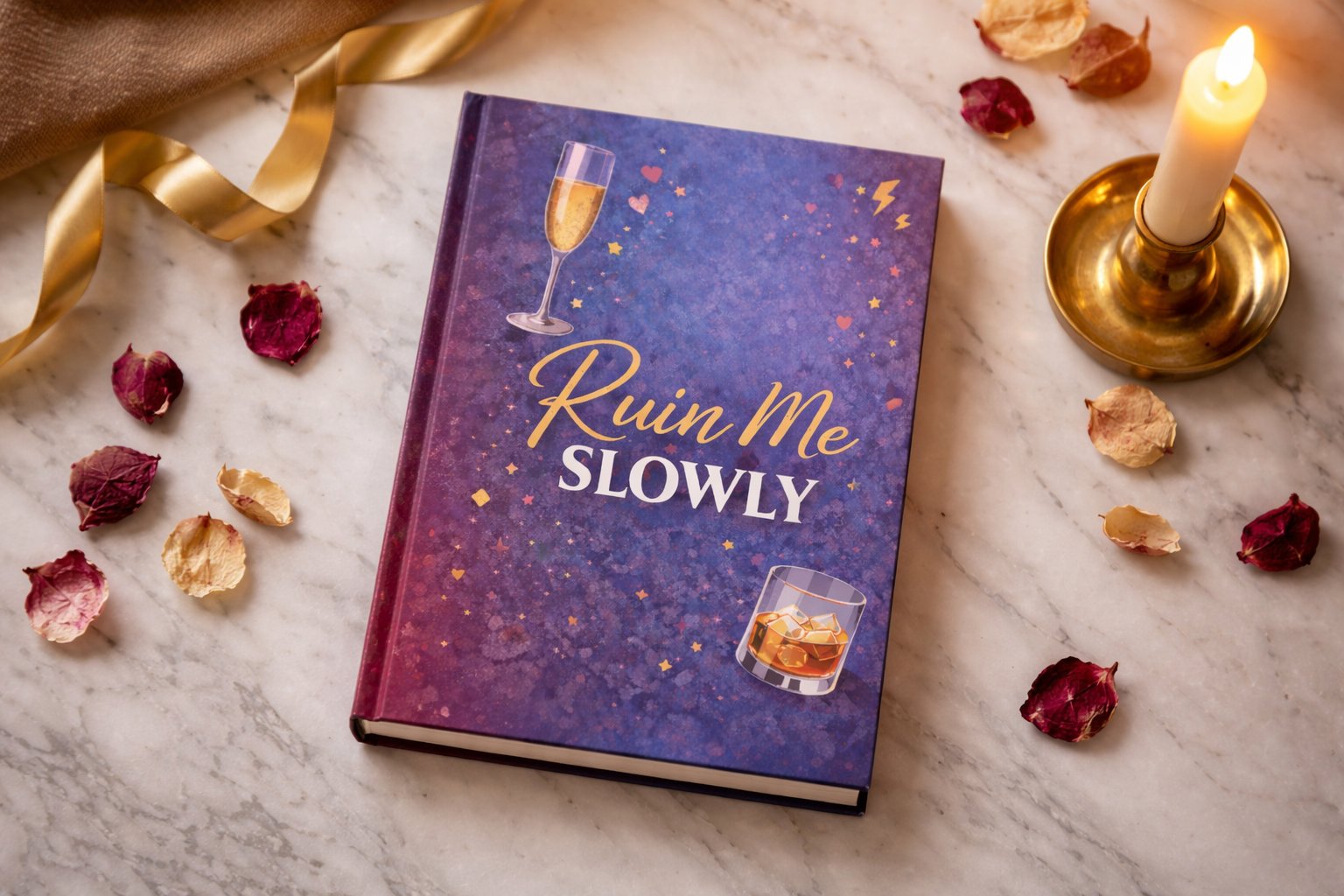 Ruin Me Slowly personalised romance novel flat lay with roses and candle