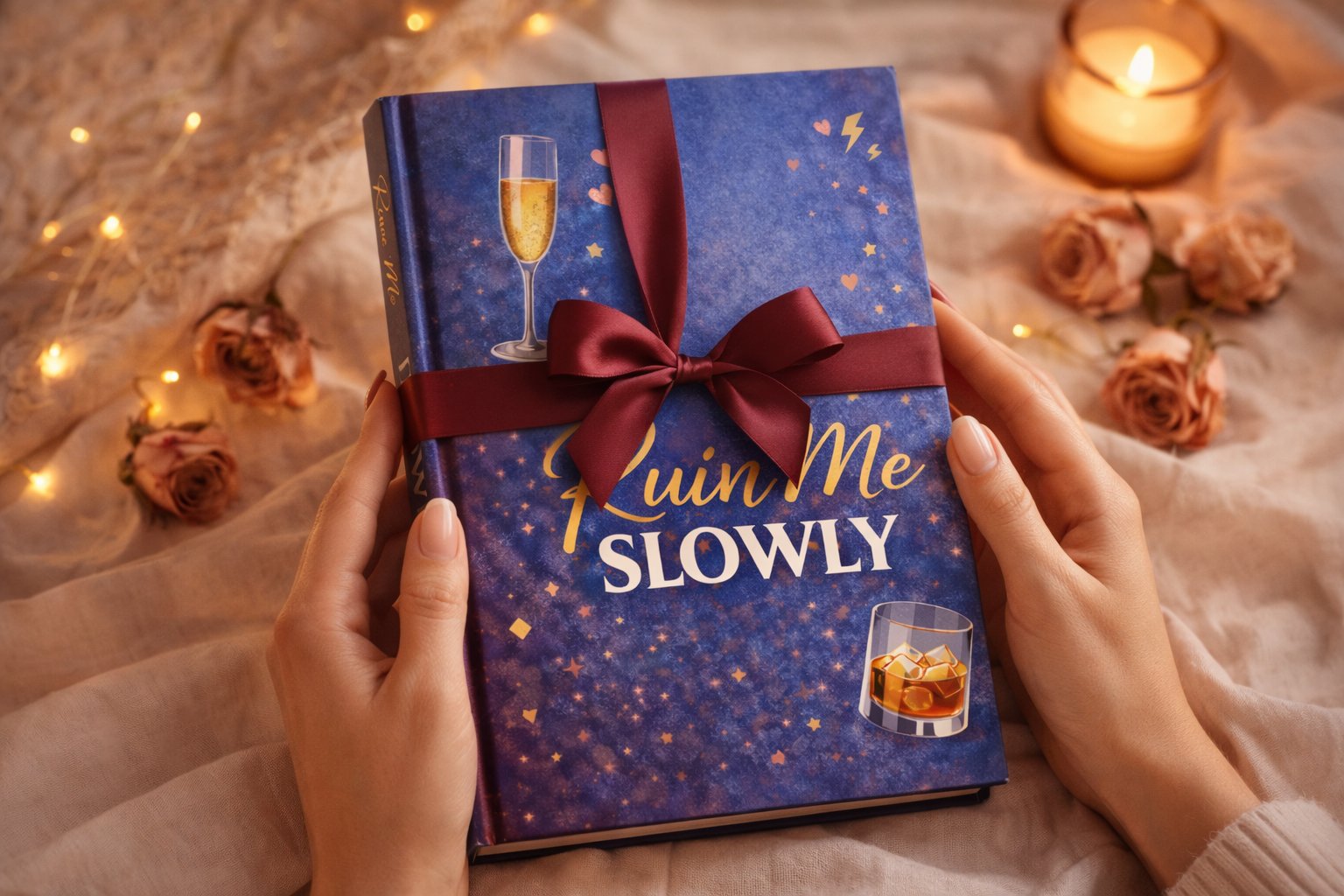 Ruin Me Slowly romance novel wrapped with burgundy ribbon as a gift